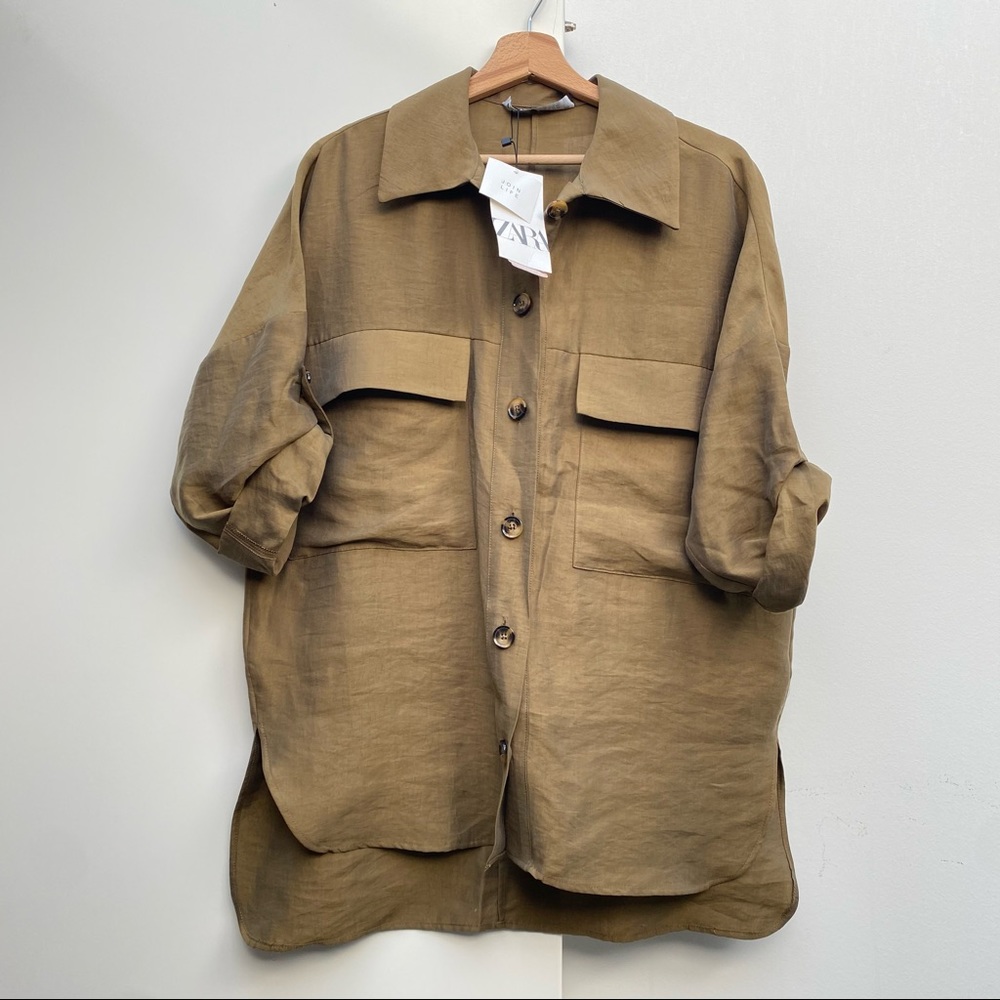 Zara Oversized Olive Collared Button Up Shirt